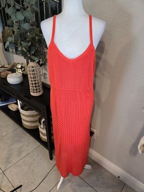 Madison + Hudson Women's Crochet Summer Spaghetti Straps Coral Red Dress XL